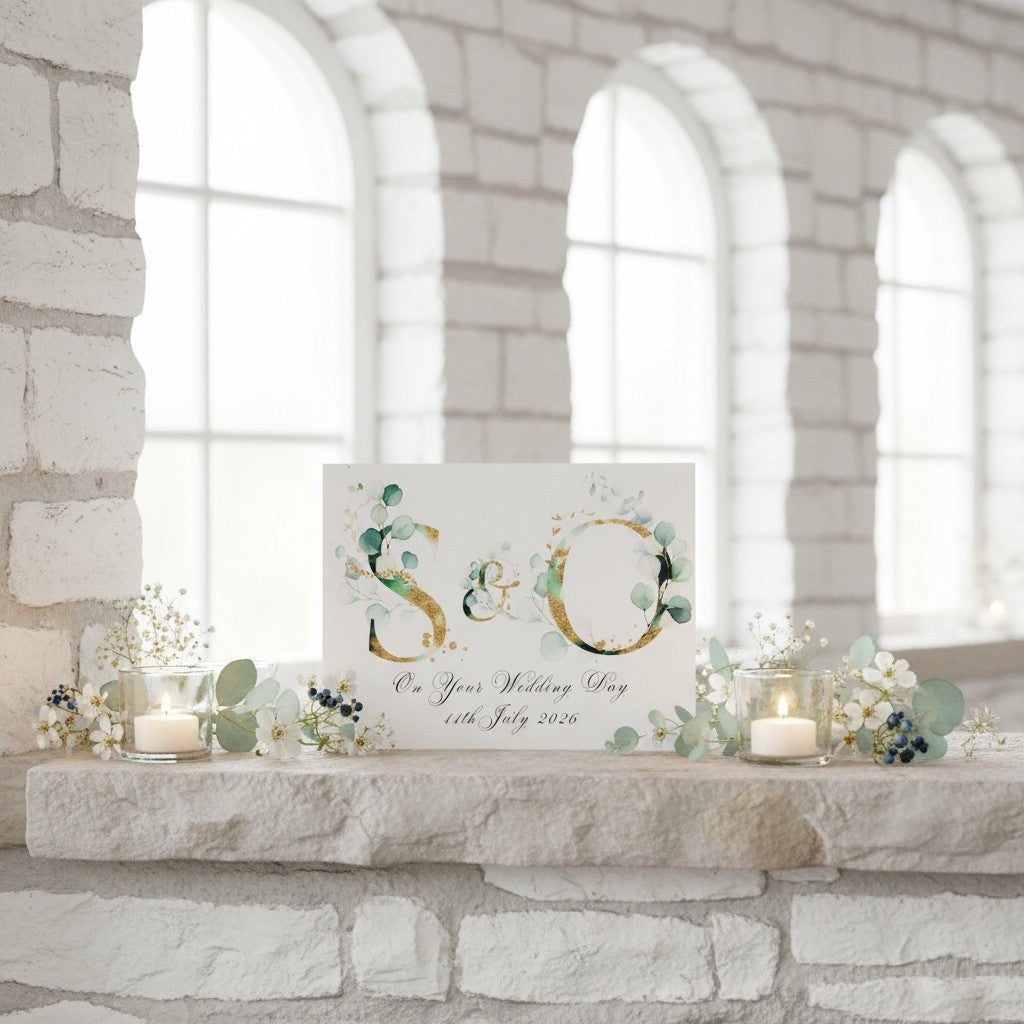 Decorative wedding card with initials on a stone surface in front of a stone wall with arched windows.