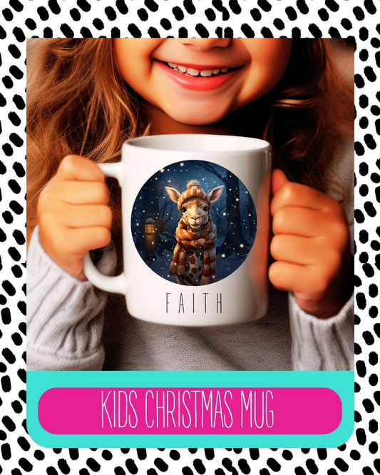 A child holding a white ceramic mug with a Christmas themed design featuring a giraffe, text 'Faith' and the text 'Kids Christmas Mug' on a patterned background.