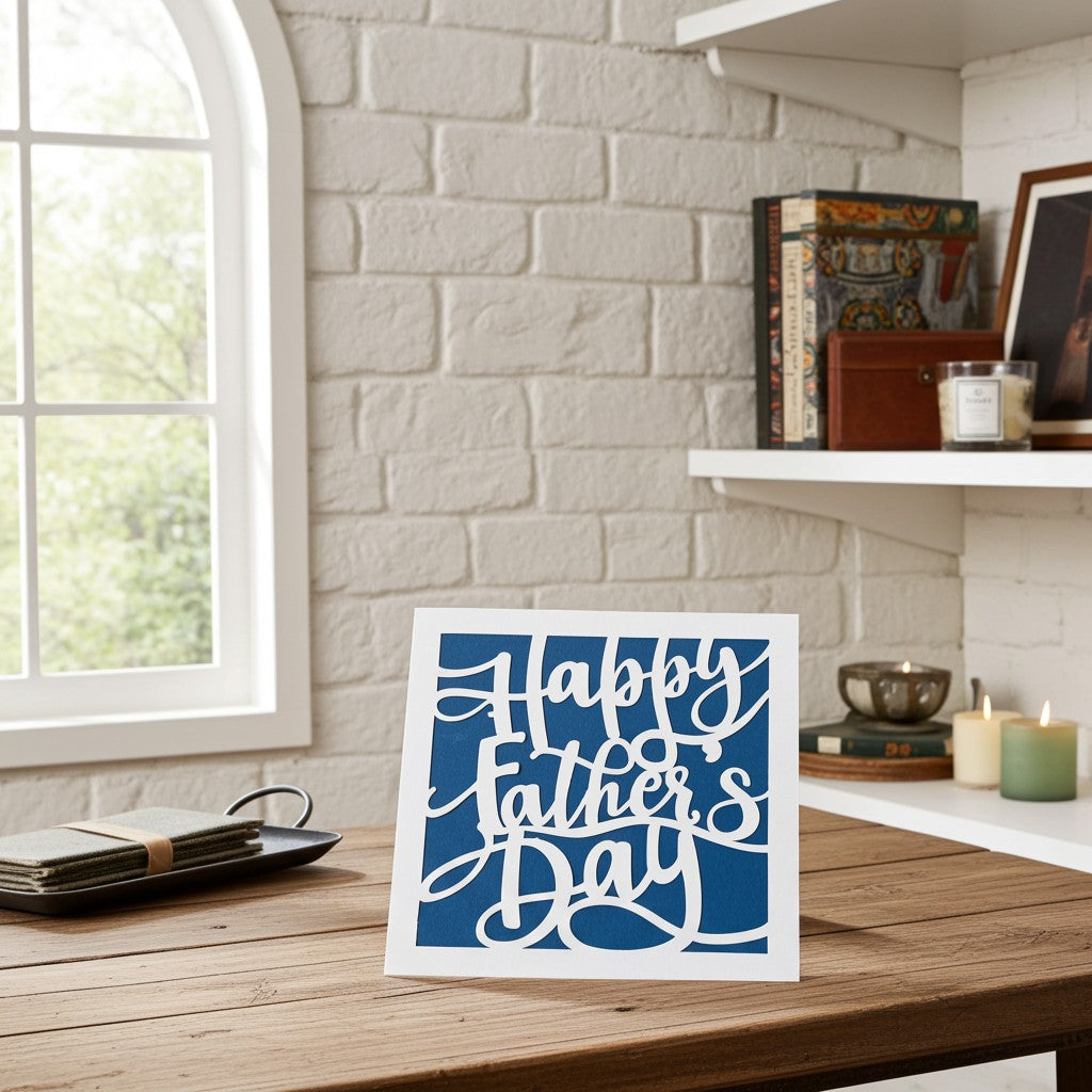 A square greeting card with 'Happy Father's Day' in white cursive lettering on a blue background, displayed on a wooden table in a styled home interior with a white brick wall, shelves, and candles.