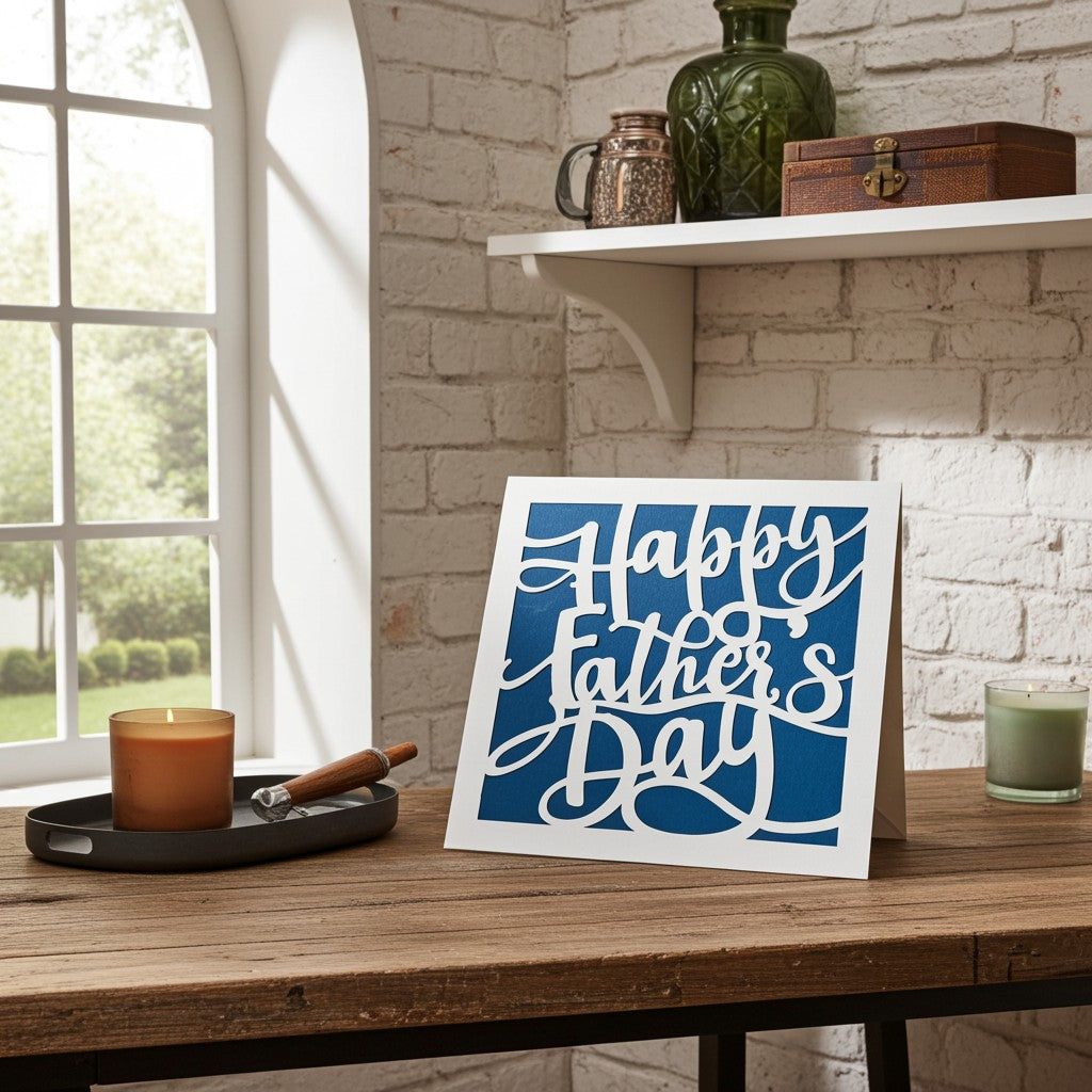 A square birthday card reading “Happy Father’s Day” in white script over a blue background, displayed on a wooden table in a bright room with a brick wall, shelf decor, candle, and glass candle holder.