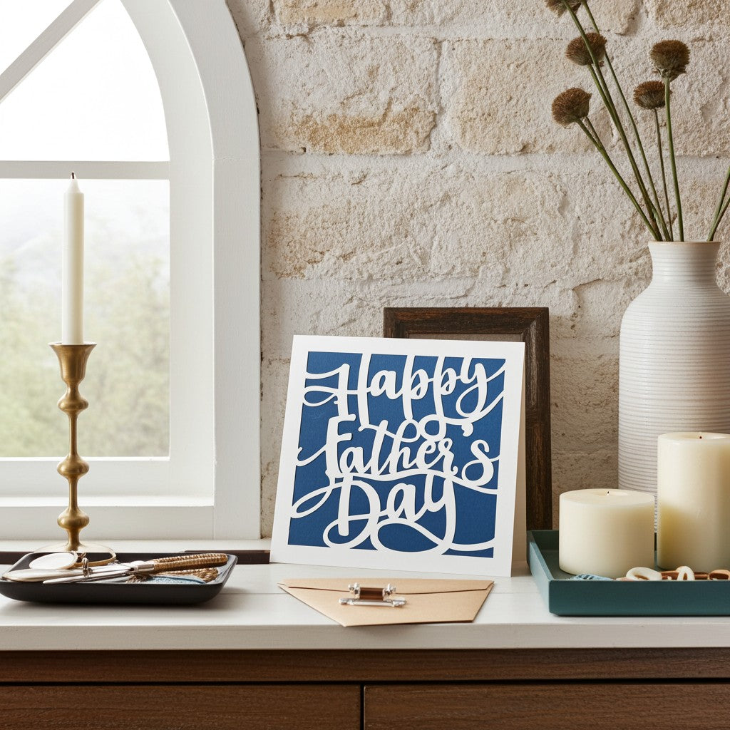 A square greeting card with 'Happy Father's Day' in white script on a navy blue background, styled on a tabletop next to a window, candles, and a vase.