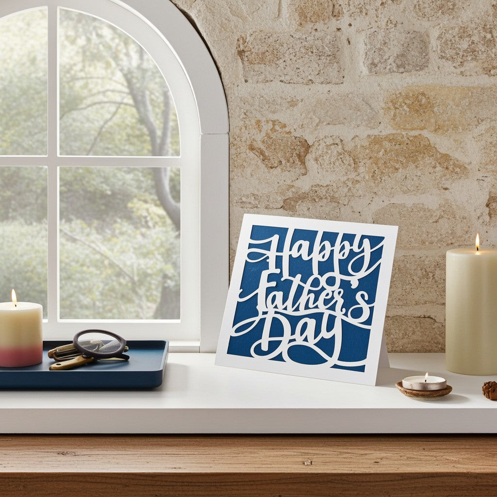 A square white greeting card with a blue border and white script reading “Happy Father’s Day” stands on a windowsill in a styled home setting with candles, a tray, and a stone wall.