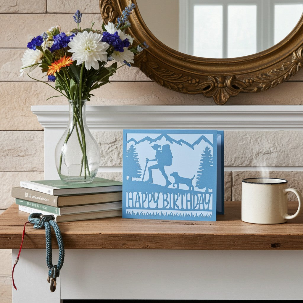 A blue and white layered card with a hiking silhouette and the words 'HAPPY BIRTHDAY' displayed on a wooden mantel next to a mug, a stack of books, and a vase of flowers.