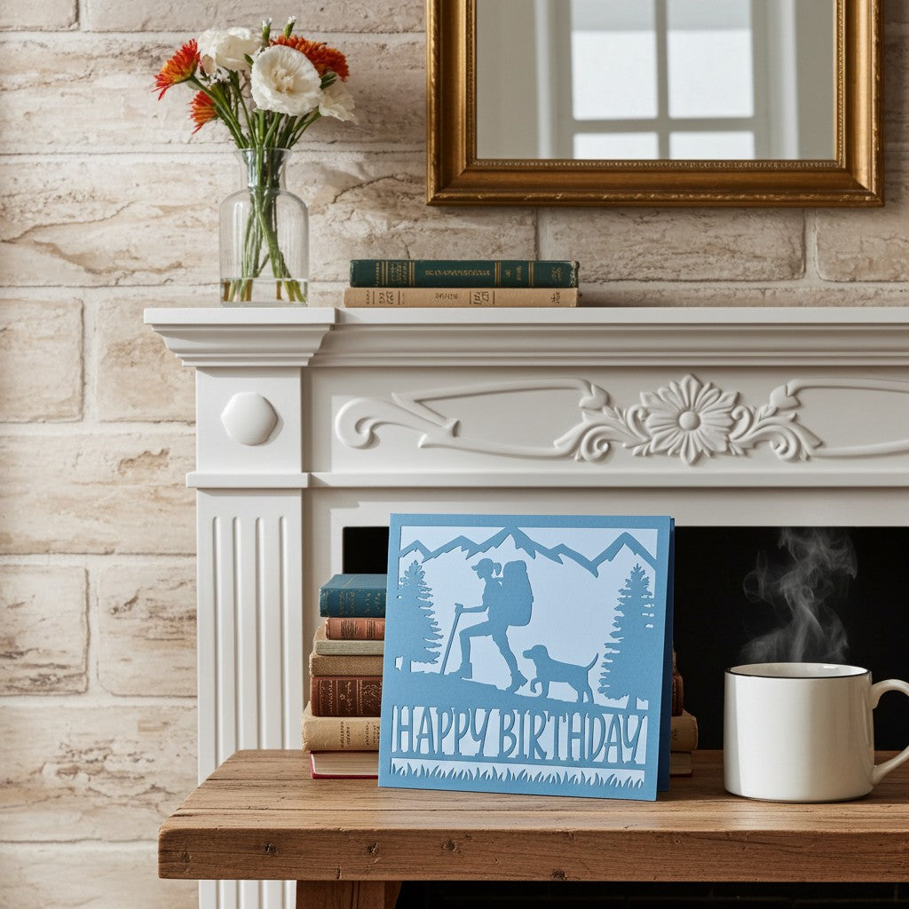 A square blue and white 'HAPPY BIRTHDAY' card featuring a silhouette of a hiker and dog, styled on a wooden table next to a white mug in front of a white fireplace mantel with a brick wall background.