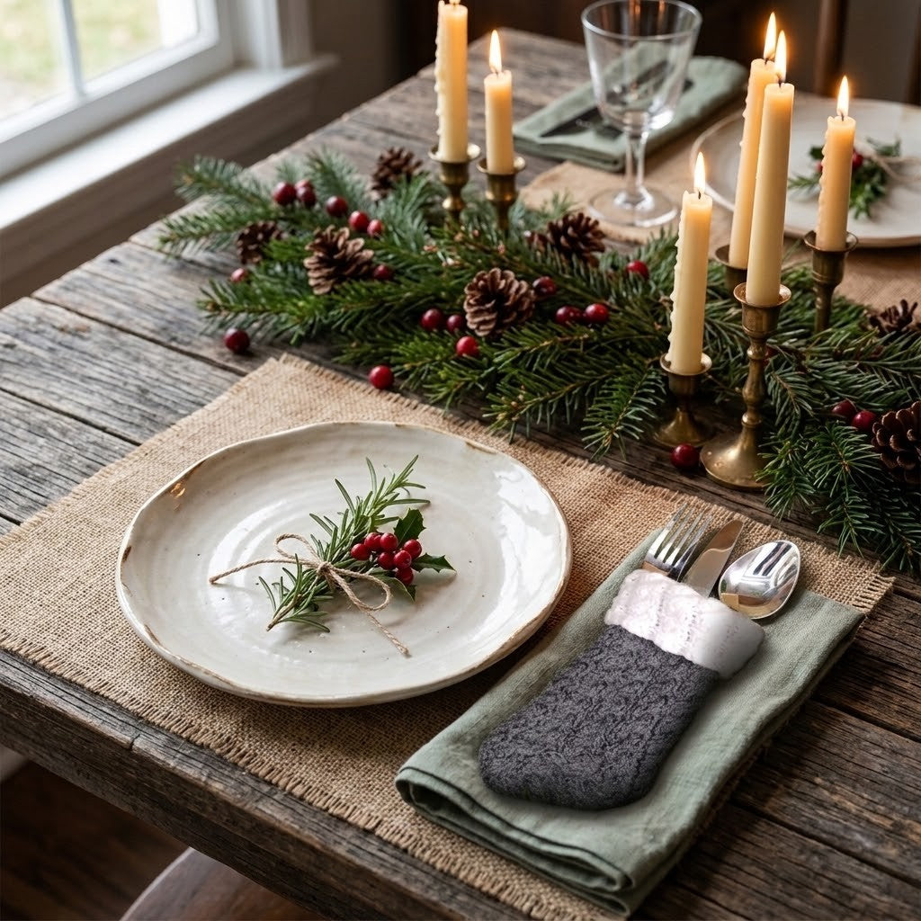 A rustic holiday table setting on a weathered wooden table, featuring a beige linen plate, a burlap placemat, a folded sage green napkin holding silver cutlery in a grey and white stocking, and a green pine garland with candles, pinecones, and red berries.