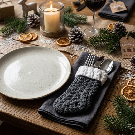 A styled holiday table setting featuring a dark grey knit Christmas stocking cutlery holder with a white cuff, holding silver cutlery. The setting includes a speckled cream plate, a lit candle in a glass jar, pinecones, evergreen branches, dried orange slices, and a wine glass on a rustic wooden table.
