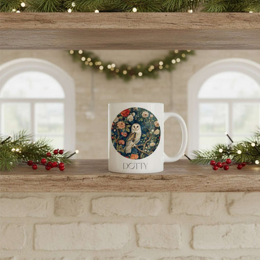 White mug with owl design and 'Dotty' text on a wooden shelf with festive decorations.