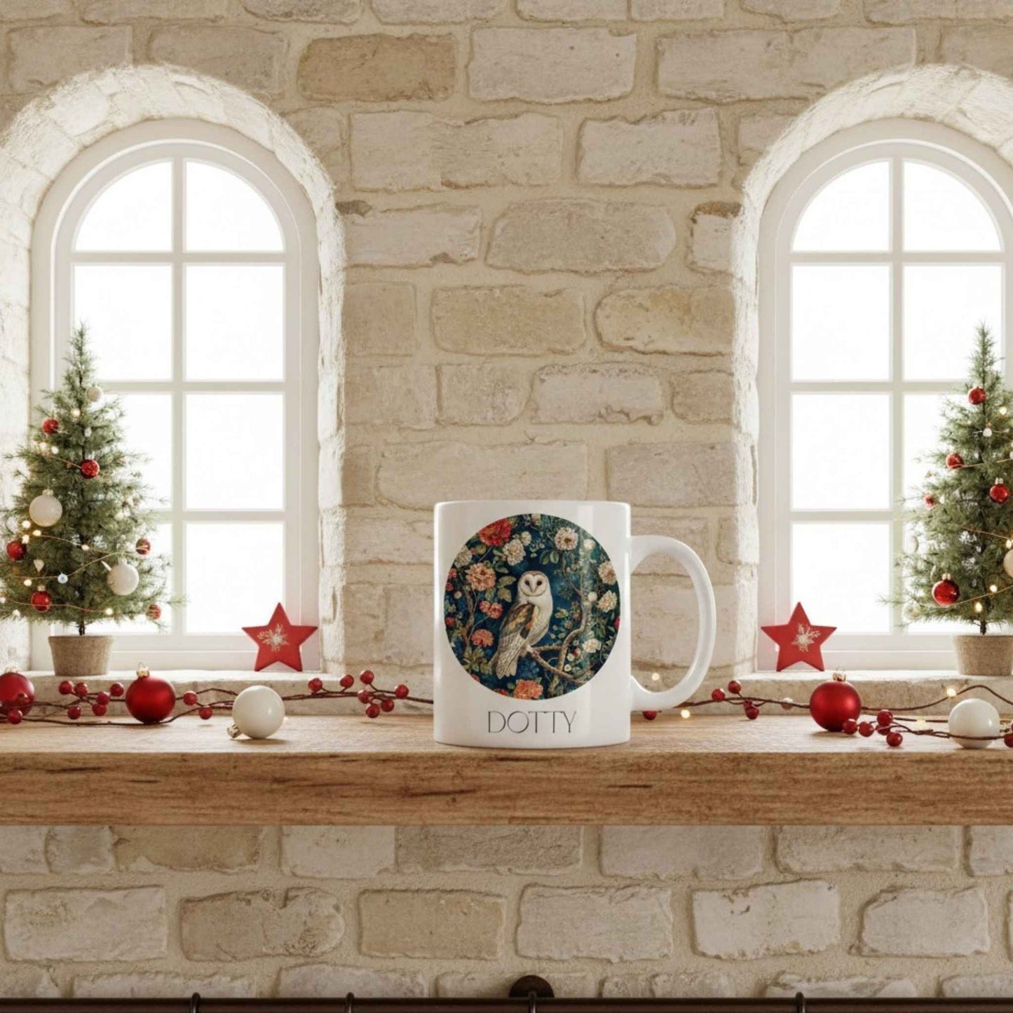 Mug with owl design on a wooden surface with Christmas decorations and stone wall background