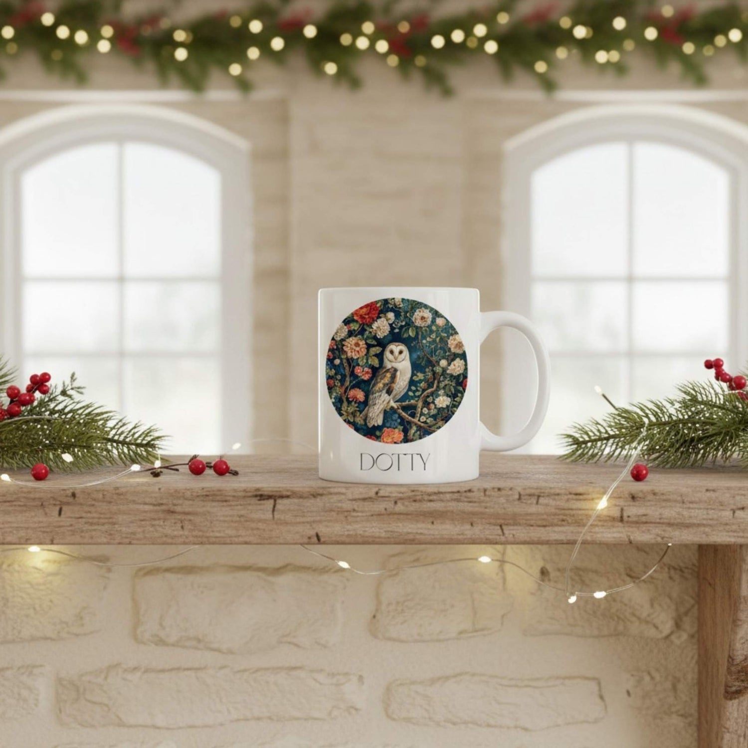 Mug with floral and owl design on a wooden surface with festive decorations