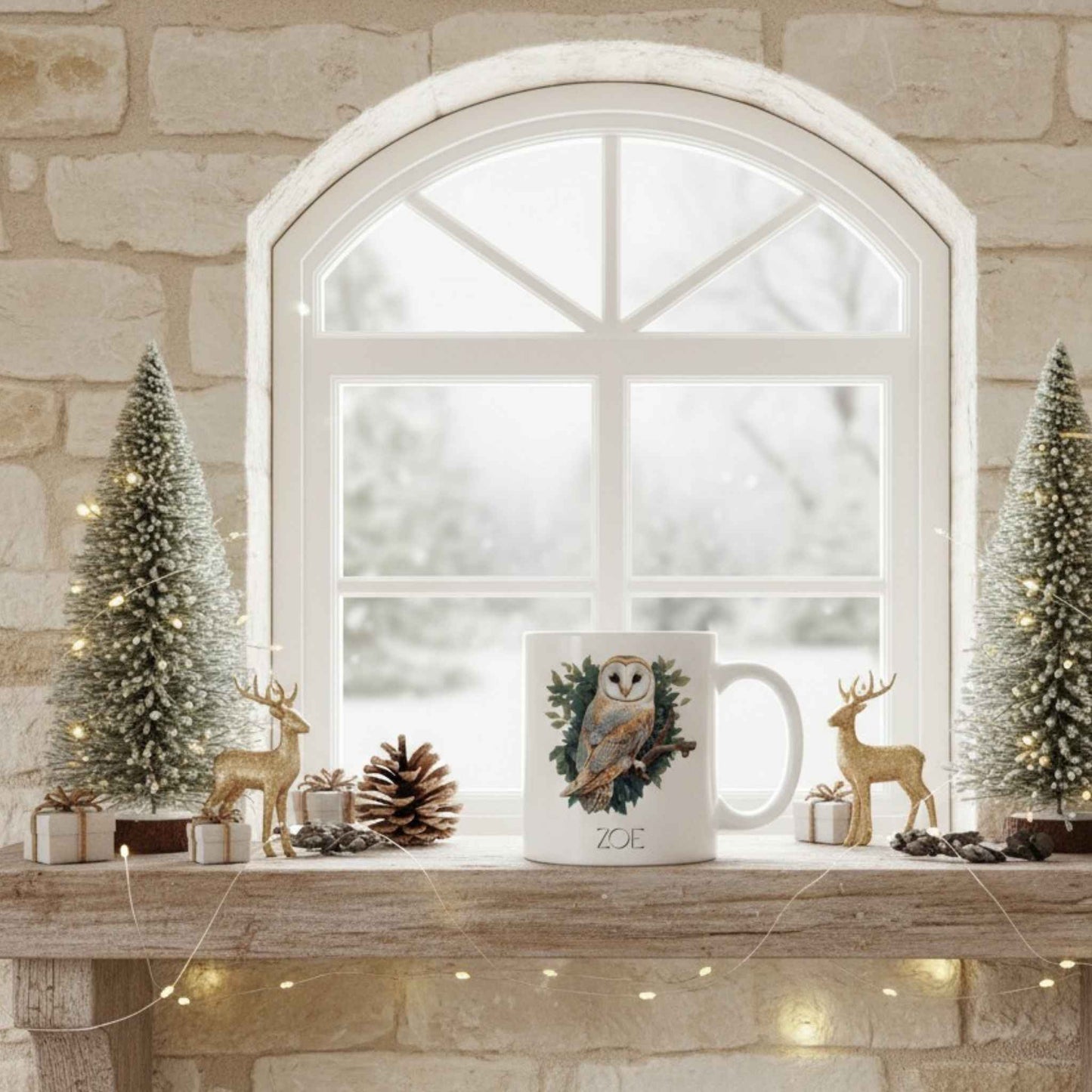 Mug with owl design on a shelf mantle with Christmas decorations