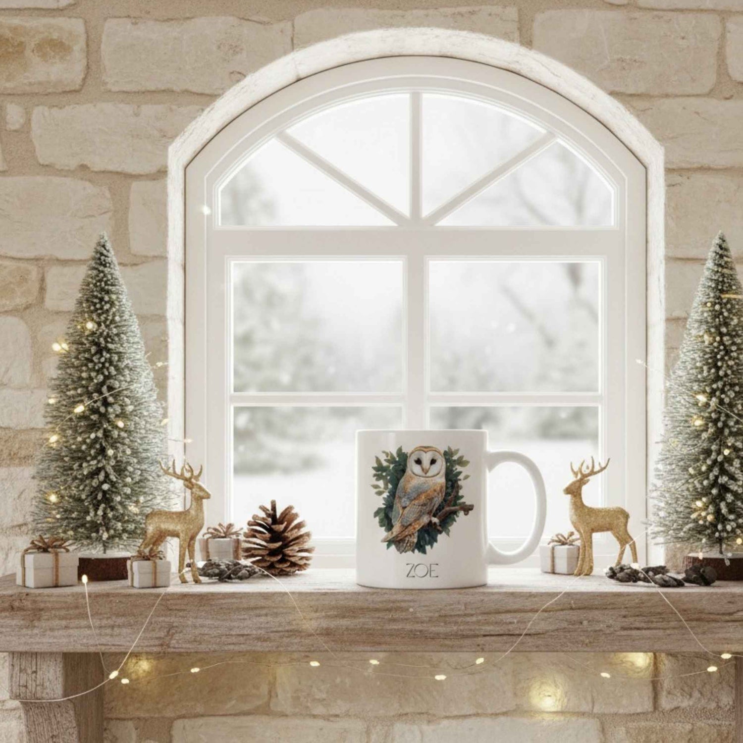 Mug with owl design on a shelf mantle with Christmas decorations