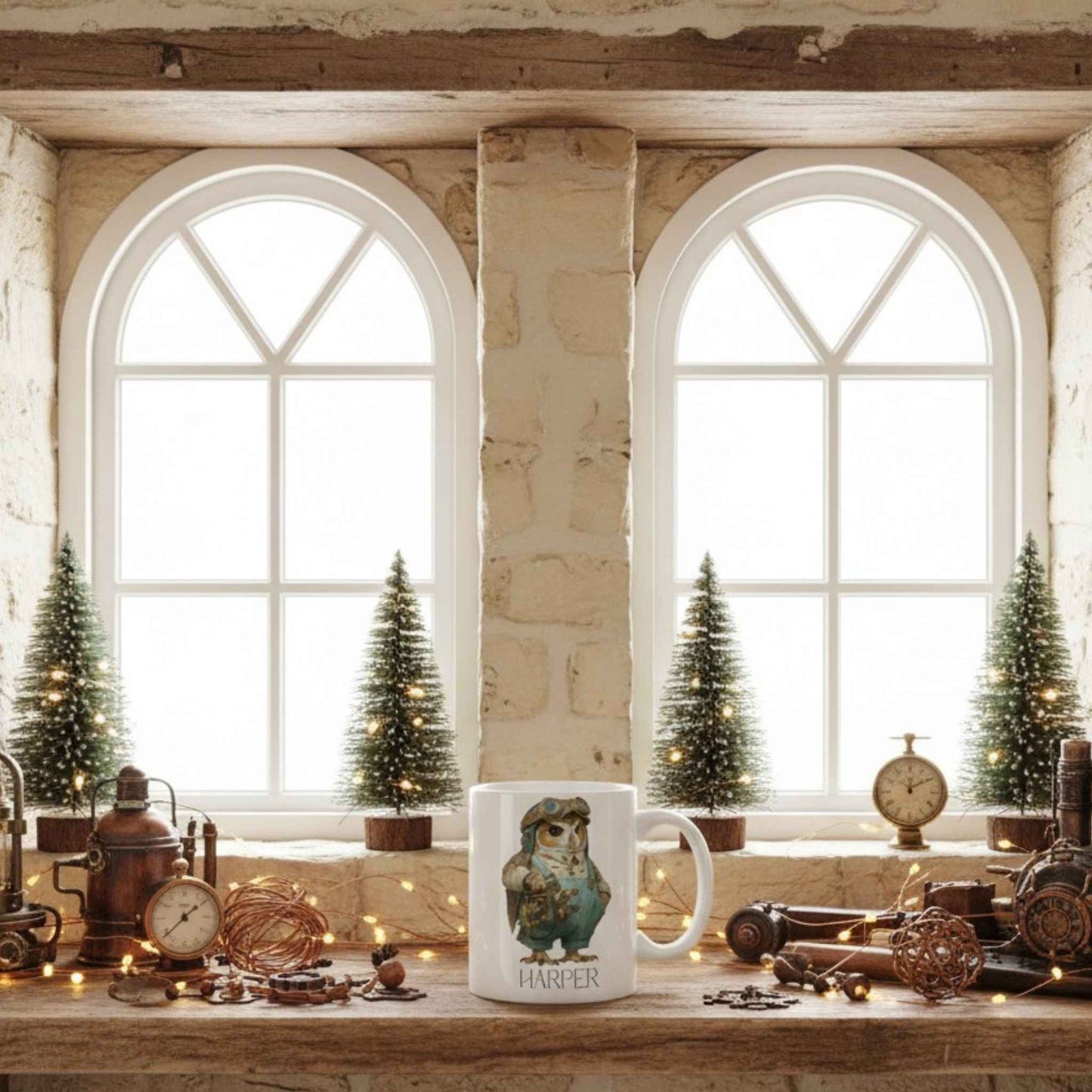 Mug with owl design on a wooden table in a rustic setting with windows and decorative trees.