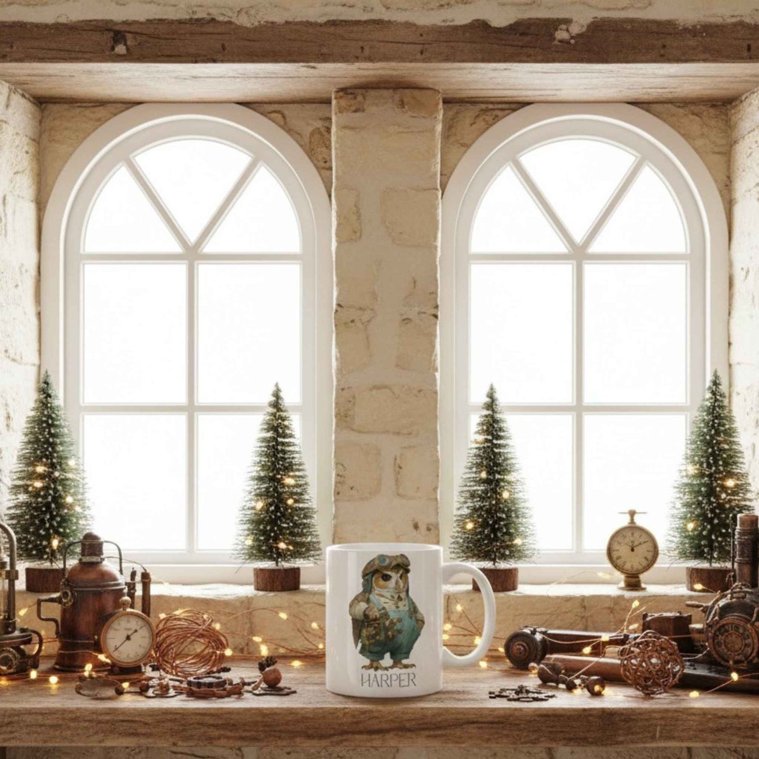 Mug with owl design on a wooden table in a rustic setting with windows and decorative trees.