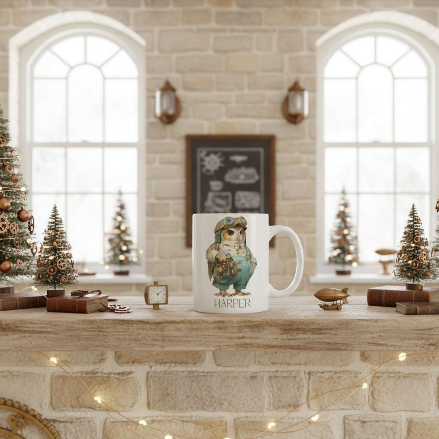 Mug with owl design on a fireplace mantle decorated for Christmas.