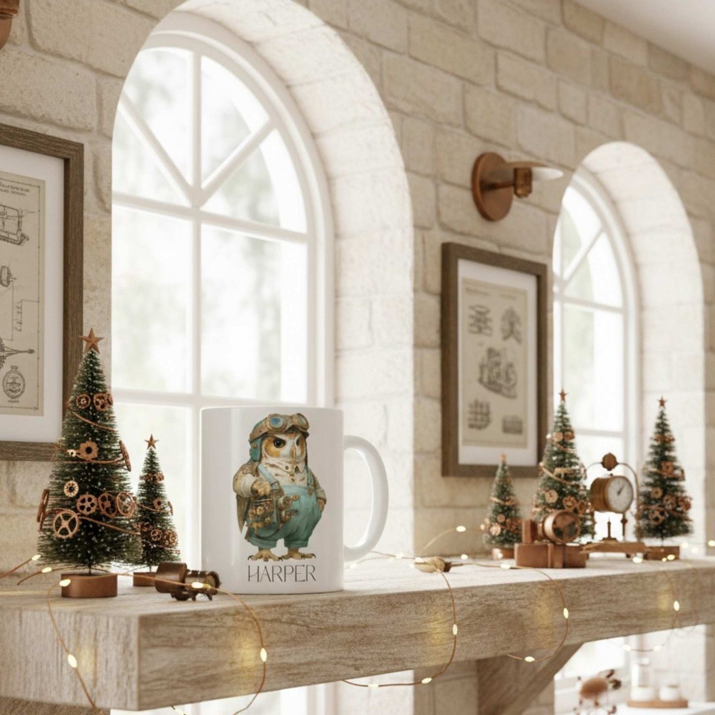 Decorative mantel with Christmas trees, a steampunk owl mug, and small clock in a home setting.