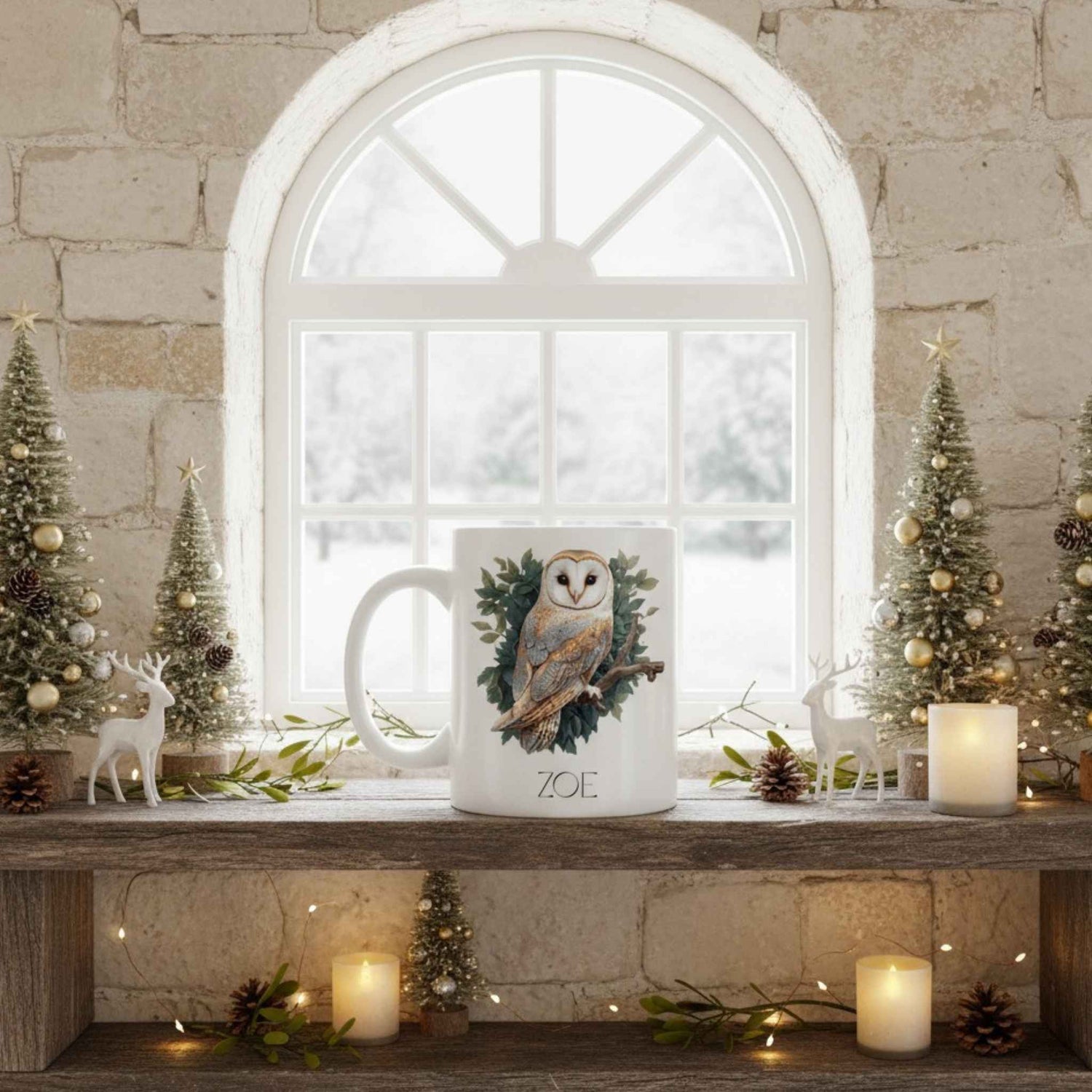 White mug with owl design and 'Zoe' text on a wooden shelf with Christmas decorations.