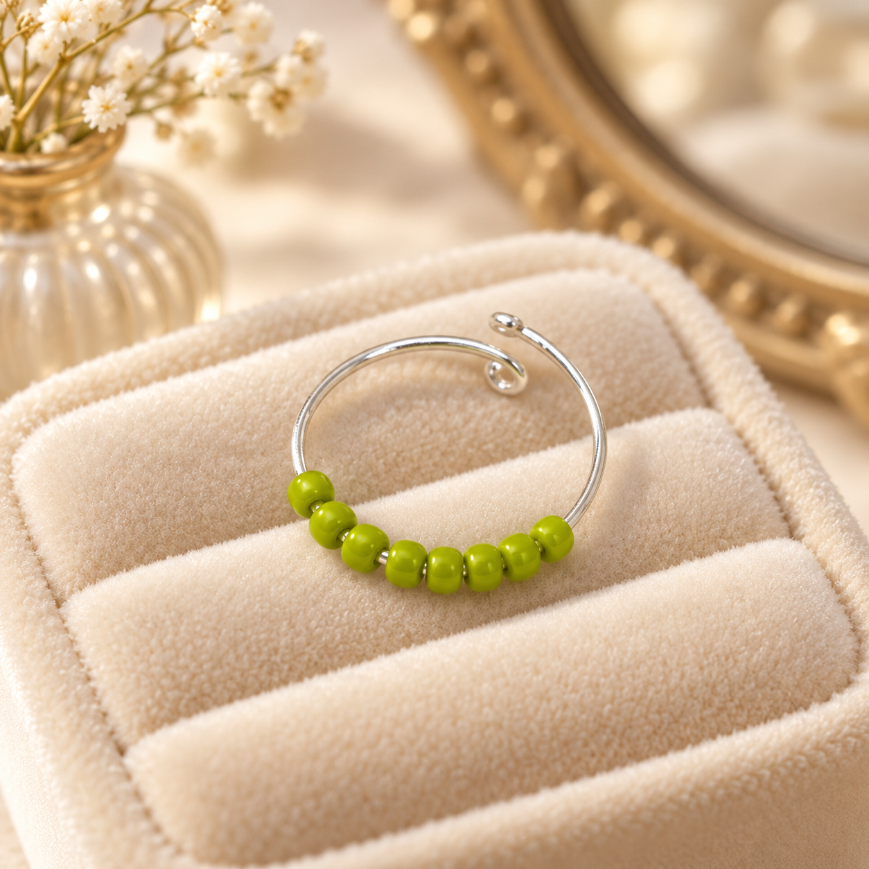 A silver-toned fidget ring with a row of small bright green beads, displayed on a beige velvet jewellery box.