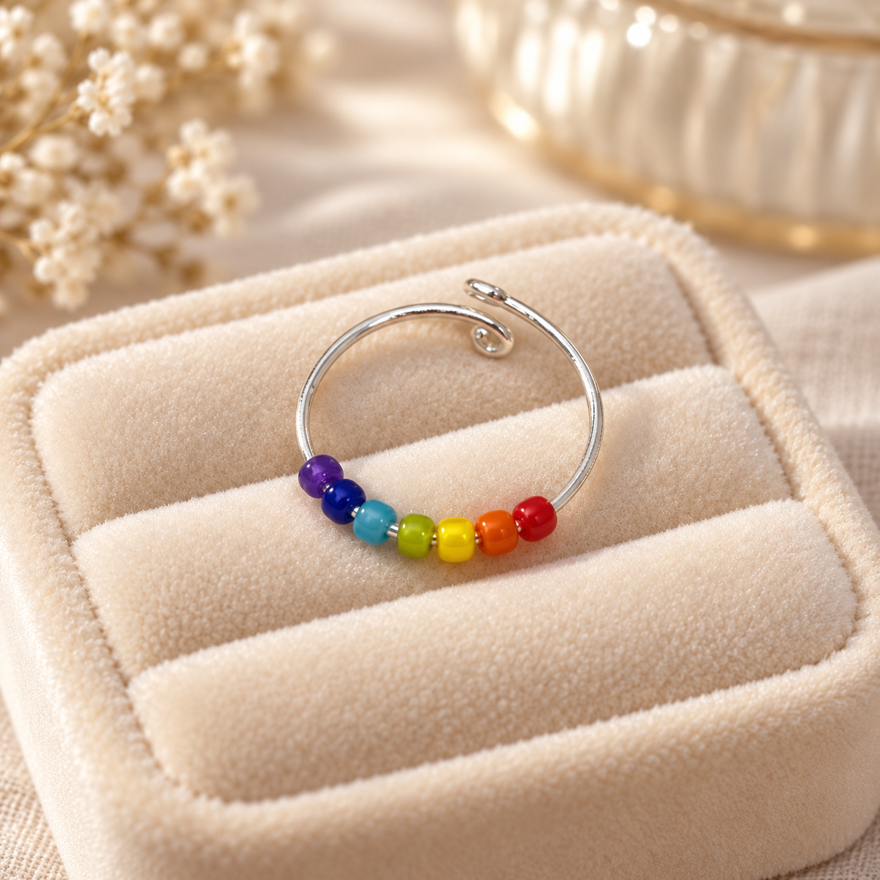 A silver-tone fidget ring with a row of small rainbow-coloured beads, displayed on a beige velvet pouch.
