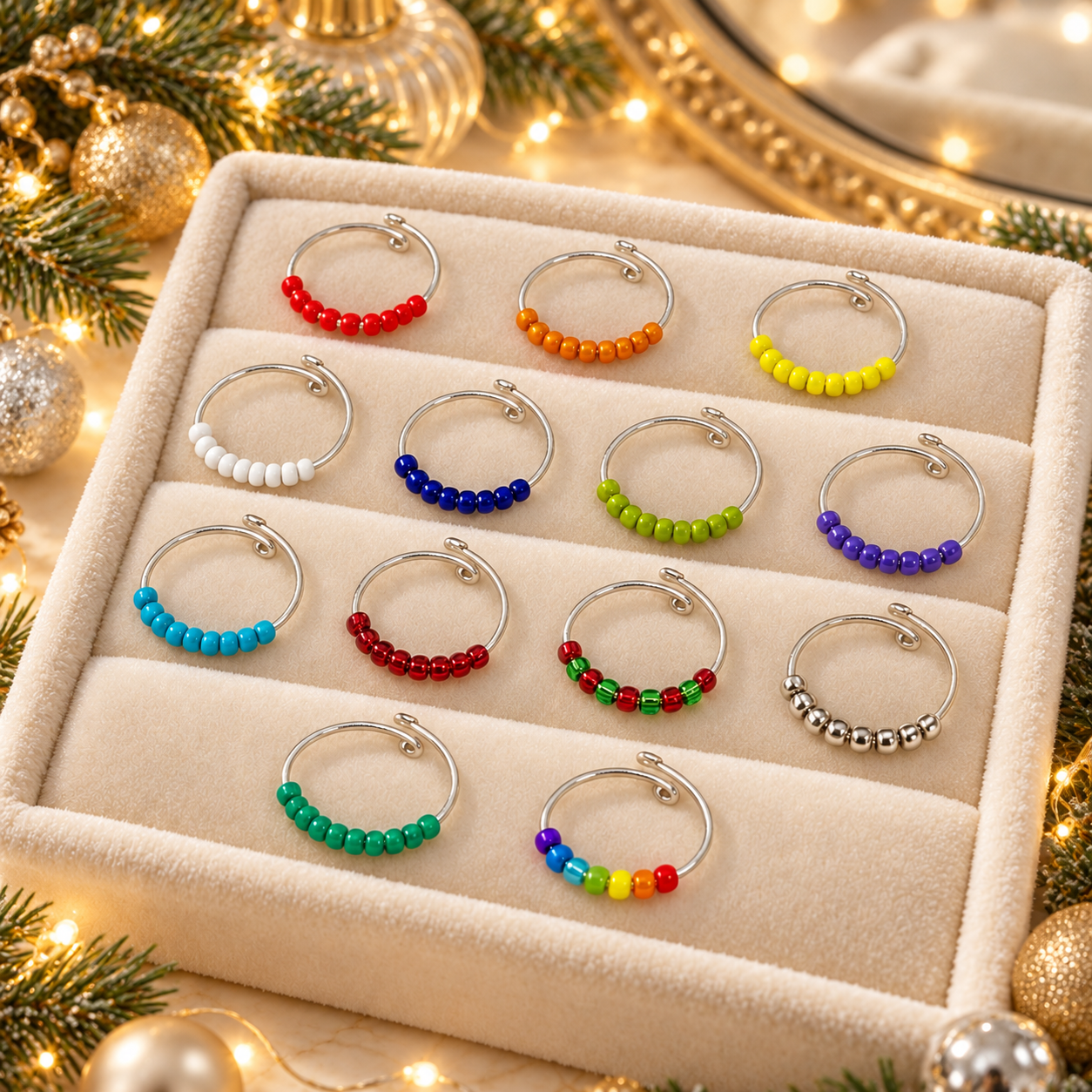A set of 12 silver fidget rings with colourful beaded details, arranged in a cream-coloured jewellery display tray. The background is decorated with festive Christmas lights, pine branches, and gold ornaments.