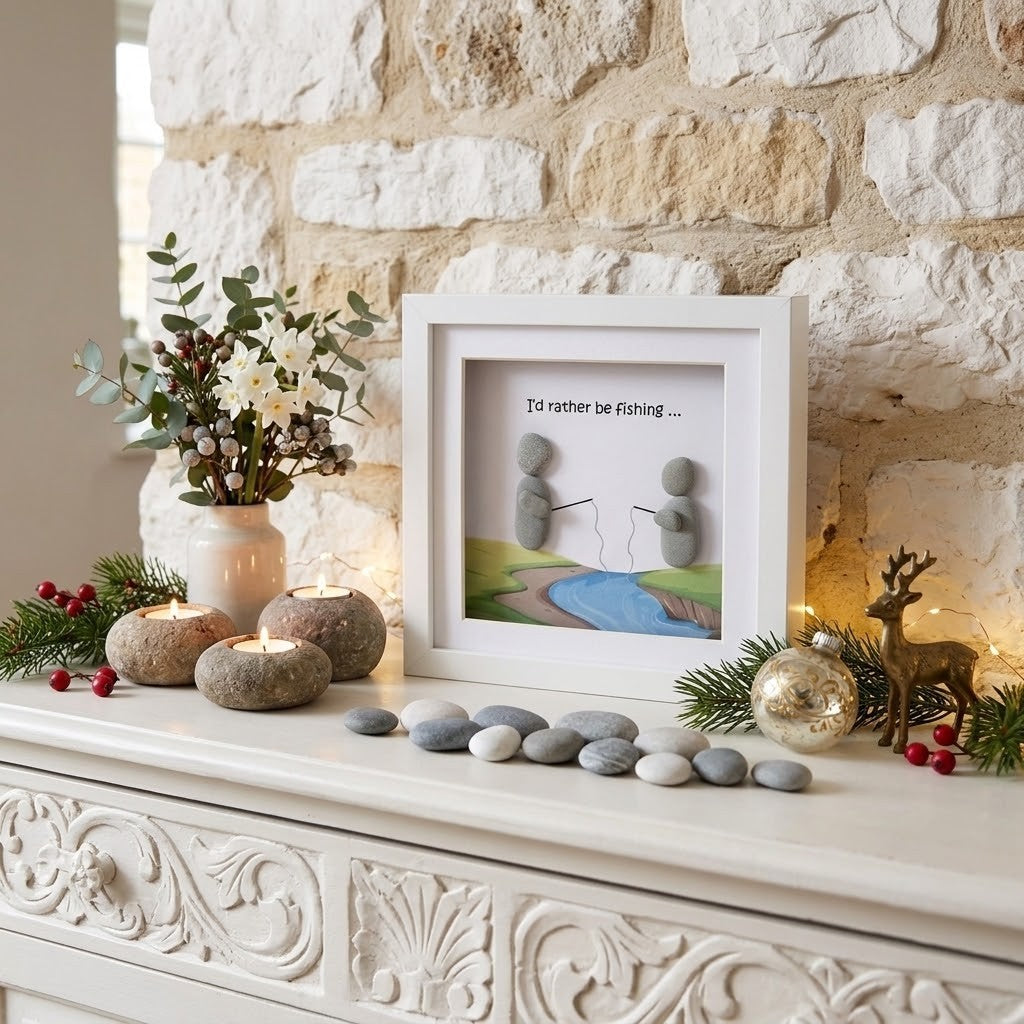 A white framed art print on a mantelpiece, featuring a landscape illustration of a river and pond with the text 'I'd rather be fishing.
