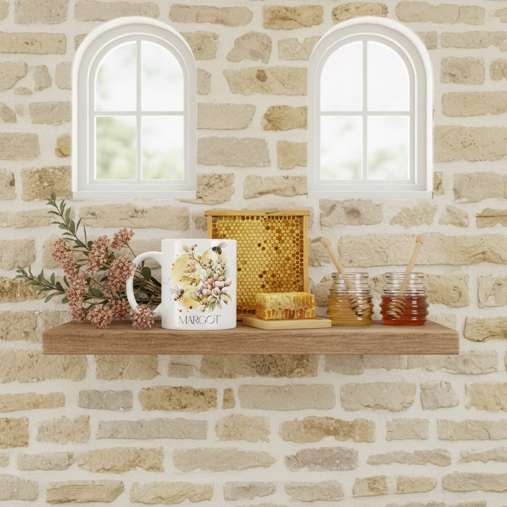 Mug with bee floral design on a wooden shelf against a stone wall with windows
