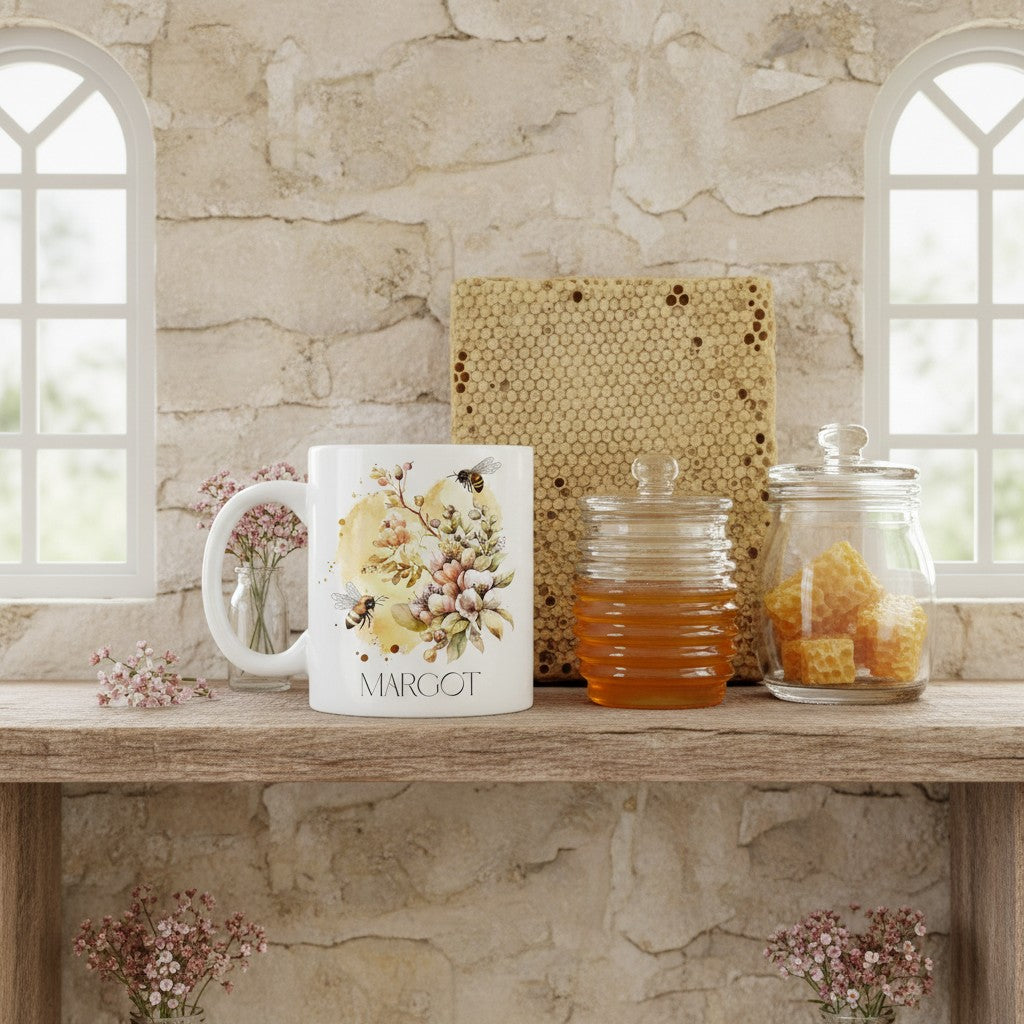 Mug with bee floral design and 'Marigot' text on a wooden surface with honey jars and a beehive.