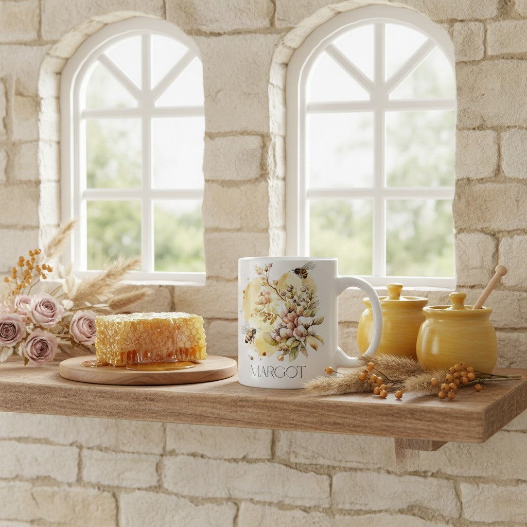 Mug with bee floral design on a wooden shelf with honeycomb and flowers in a stone-walled room.