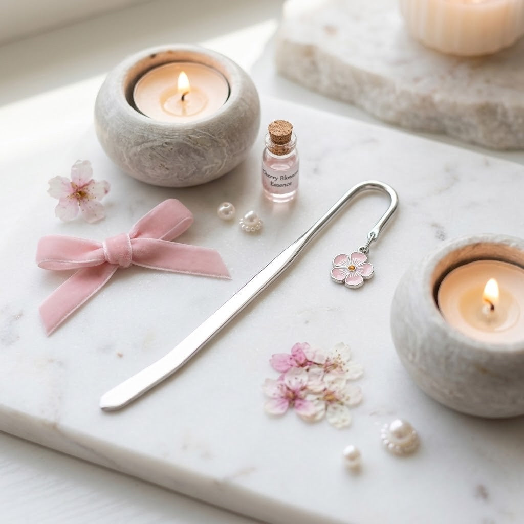 A silver metal bookmark shaped like a cherry blossom flower with a small pink flower charm, displayed on a white marble tray alongside a pink ribbon bow, dried cherry blossoms, pearl beads, and two lit candles.
