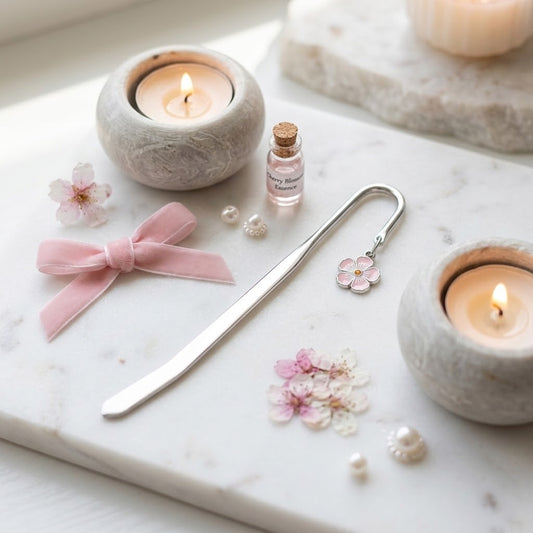 A silver metal bookmark shaped like a cherry blossom flower with a small pink flower charm, displayed on a white marble tray alongside a pink ribbon bow, dried cherry blossoms, pearl beads, and two lit candles.