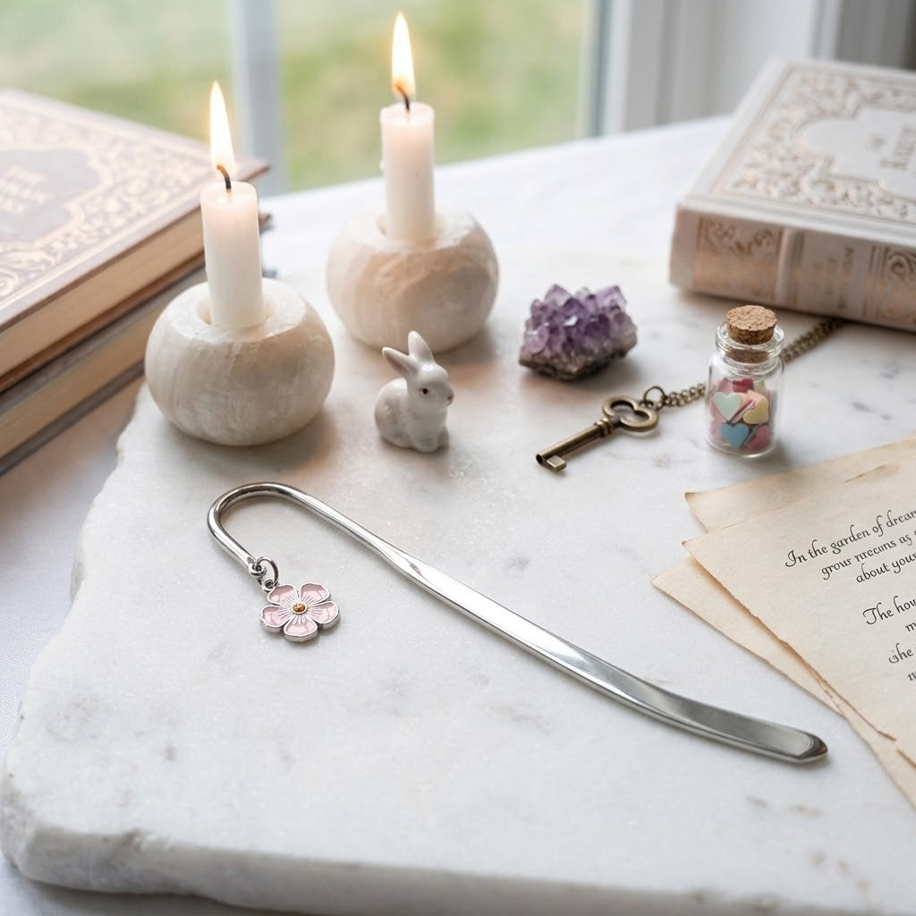 A silver metal bookmark with a small pink flower charm rests on a white marble tray, surrounded by boho-style props including lit candles, a small white rabbit figurine, a vintage key, a crystal cluster, a small glass vial, and old books and paper.