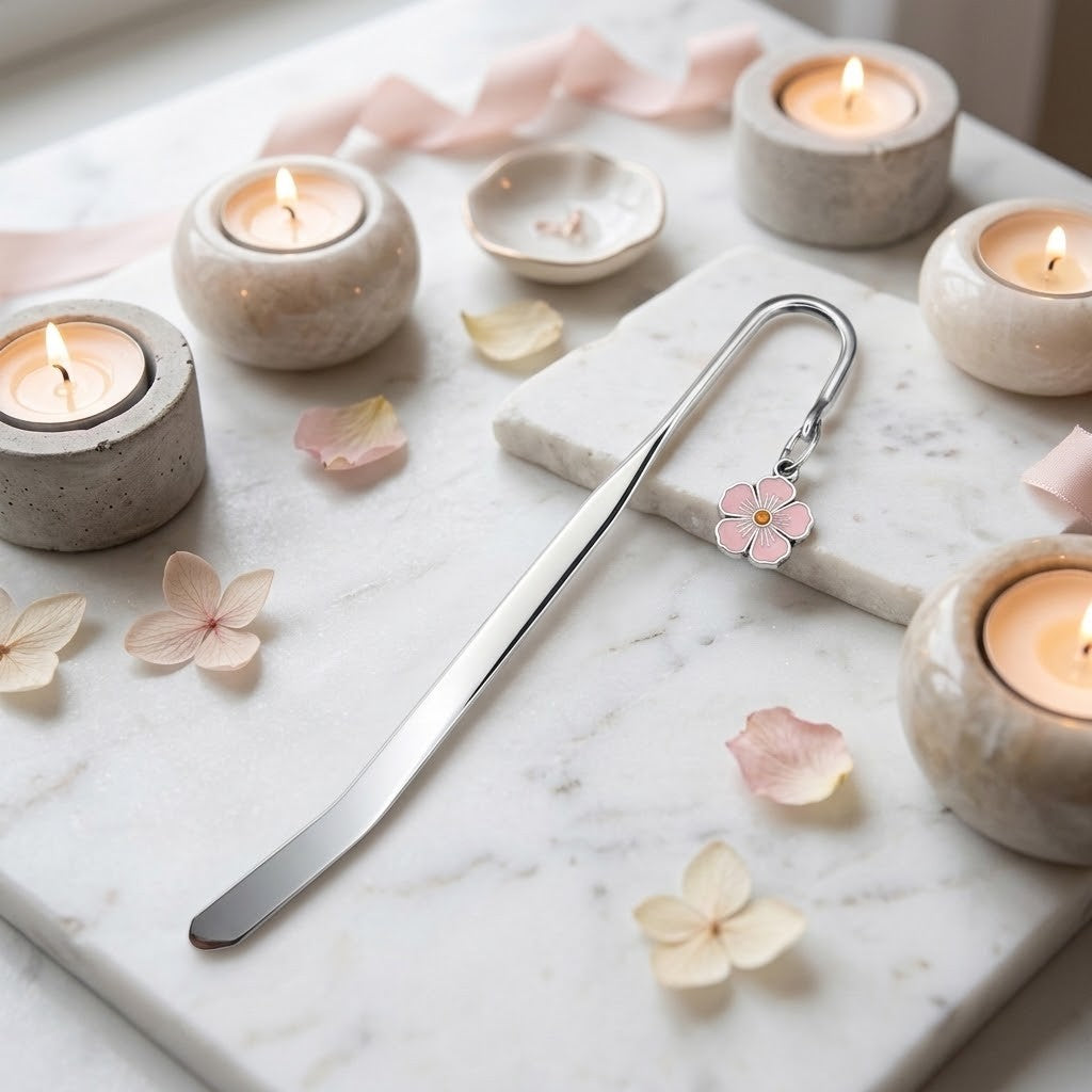 A silver metal bookmark shaped like a flower with a pink enamel centre, resting on a white marble tray surrounded by lit candles and pink petals.