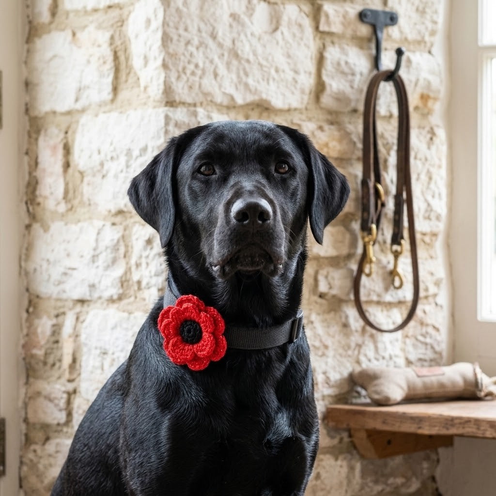 A black dog wearing a red crocheted poppy flower collar, sitting in front of a rustic stone wall with a leather leash hanging on a hook behind it.