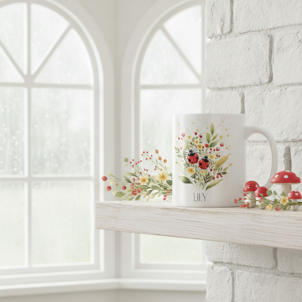 Decorative mug with floral ladybird design on a white mantelpiece against a stone wall.