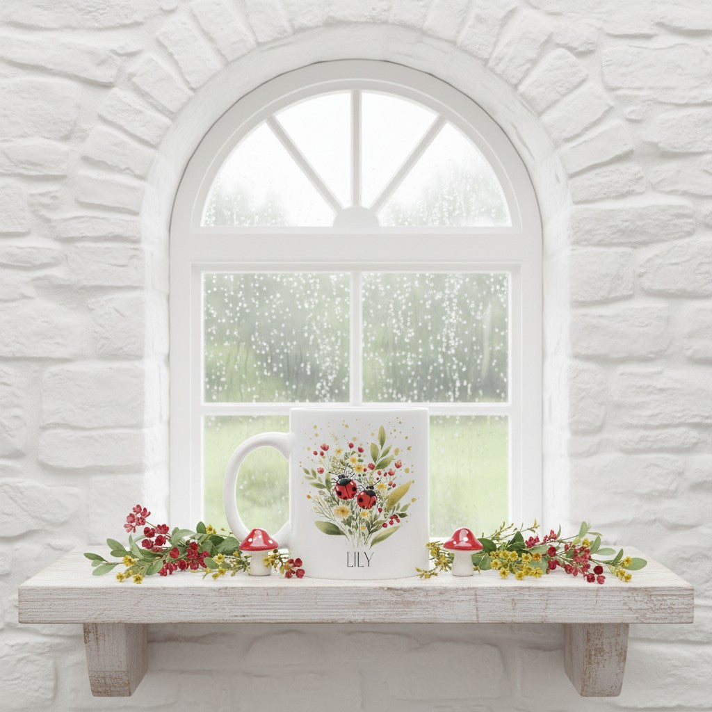 Ceramic mug with floral ladybird design on a wooden shelf in front of a window with stone walls.