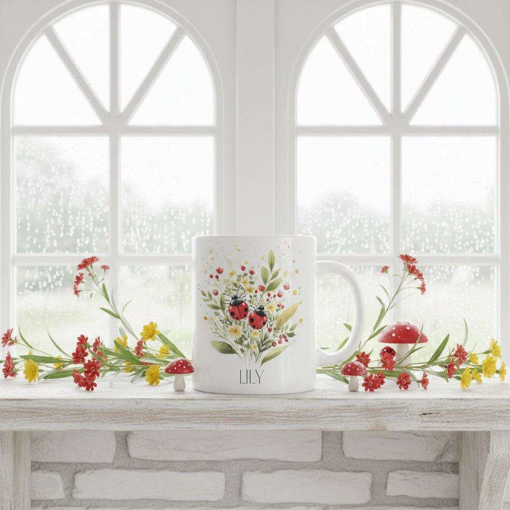 Ceramic mug with floral ladybird design and 'LILY' branding on a windowsill.