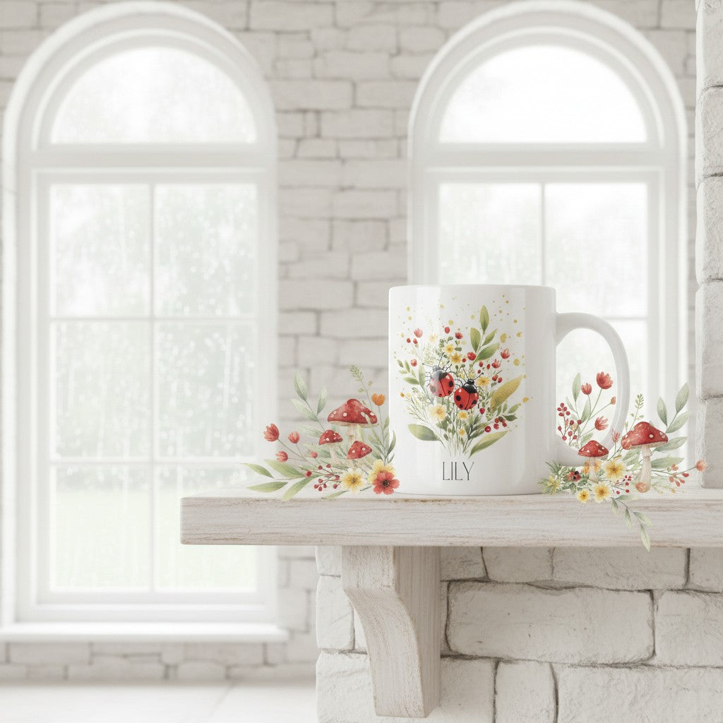 Mug with floral ladybird design on a wooden surface in a bright room with large windows.