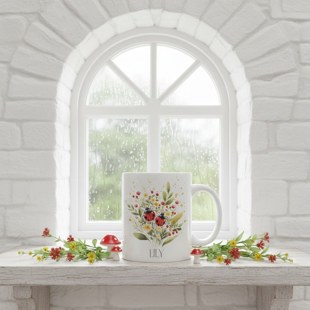 White mug with floral ladybird design on a windowsill with stone walls and window in the background