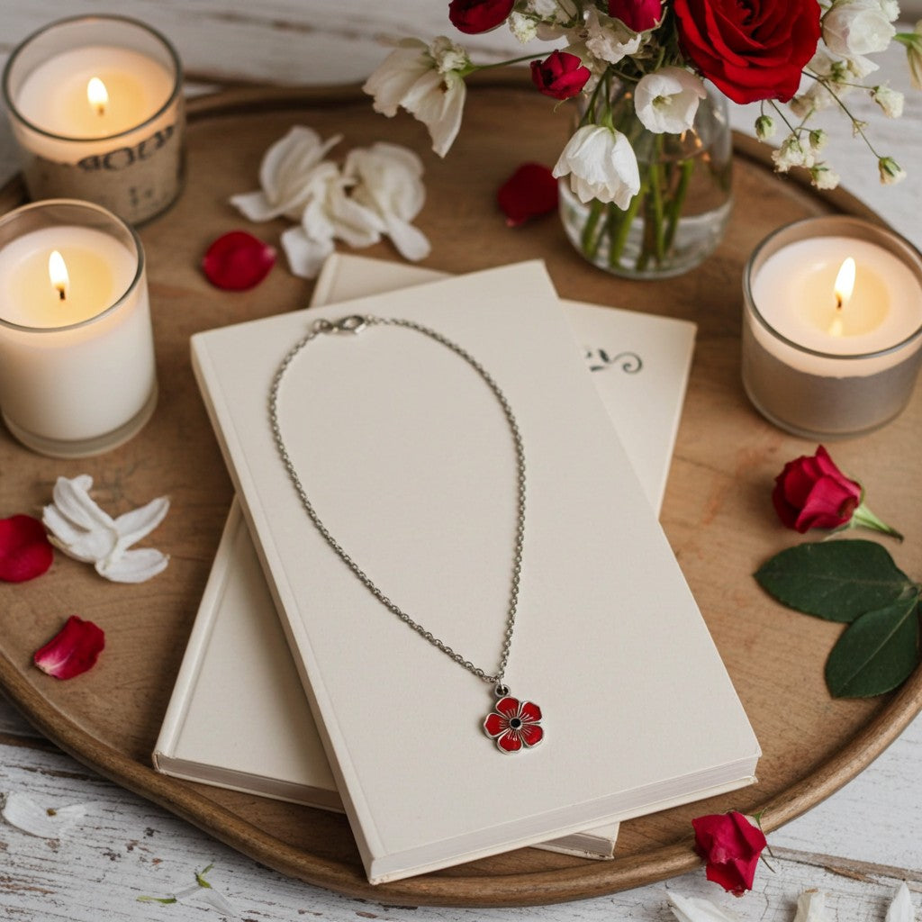 A silver-toned chain necklace with a red and black flower-shaped pendant rests on cream-coloured books arranged on a round wooden tray. The scene is styled with lit candles, white and red flowers, rose petals, and green leaves in a rustic setting.