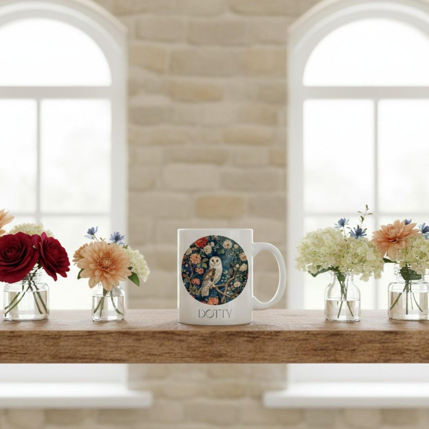 Mug with floral design and owl illustration on a wooden surface with flowers in the background.