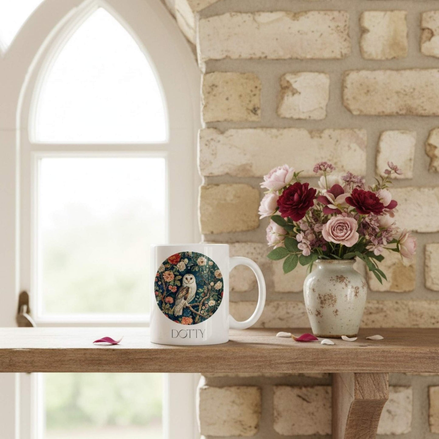 Mug with floral design and owl illustration on a wooden surface with a vase of flowers in the background.