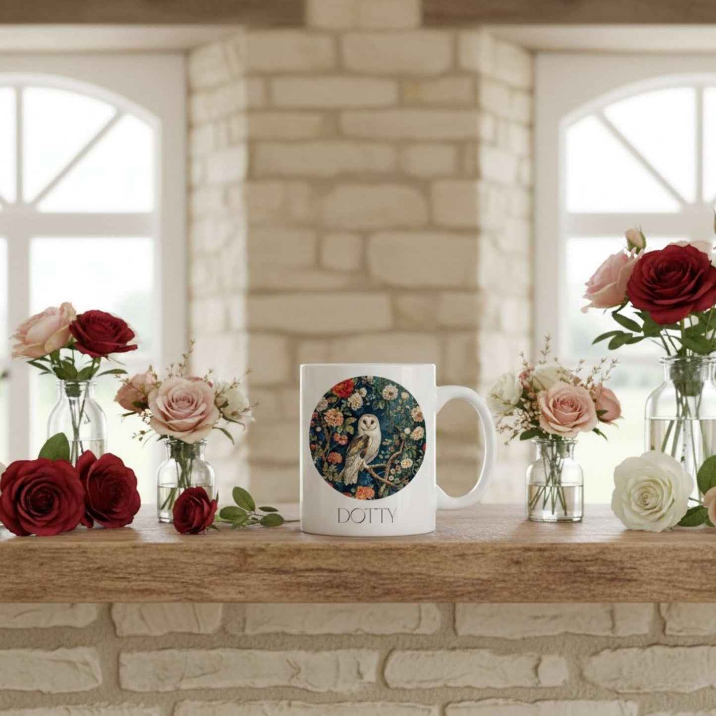 Mug with floral design and owl illustration on a wooden surface with flowers and a stone wall background