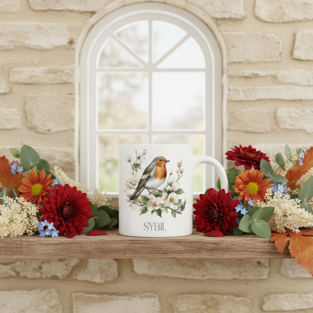 White mug with a robin design on a wooden shelf with flowers and a stone wall background