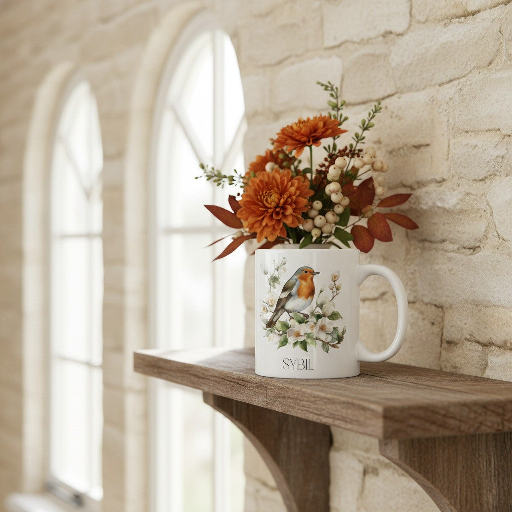 White mug with a robin design on a wooden shelf against a stone wall.