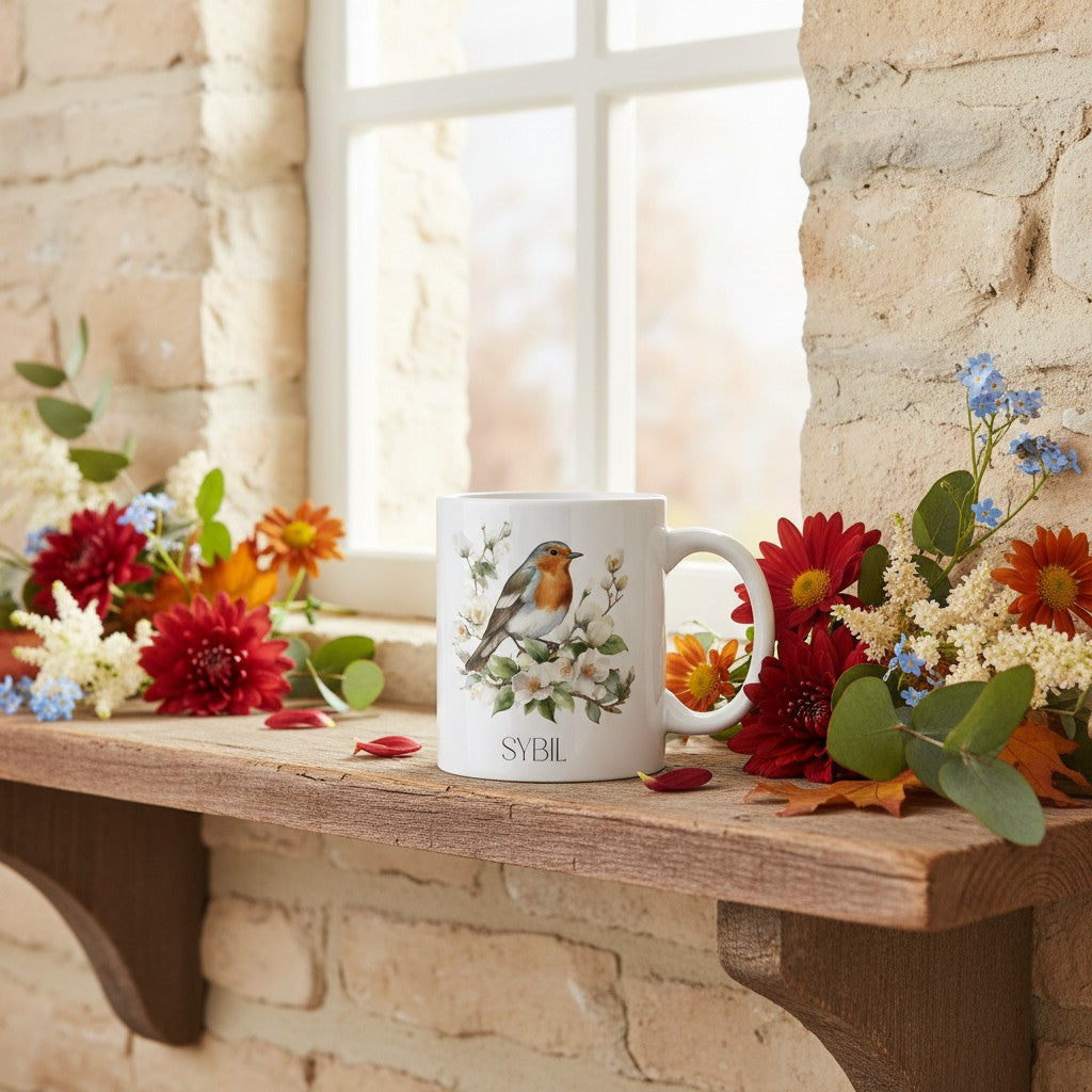 Mug with robin design on a wooden surface with flowers and a window in the background