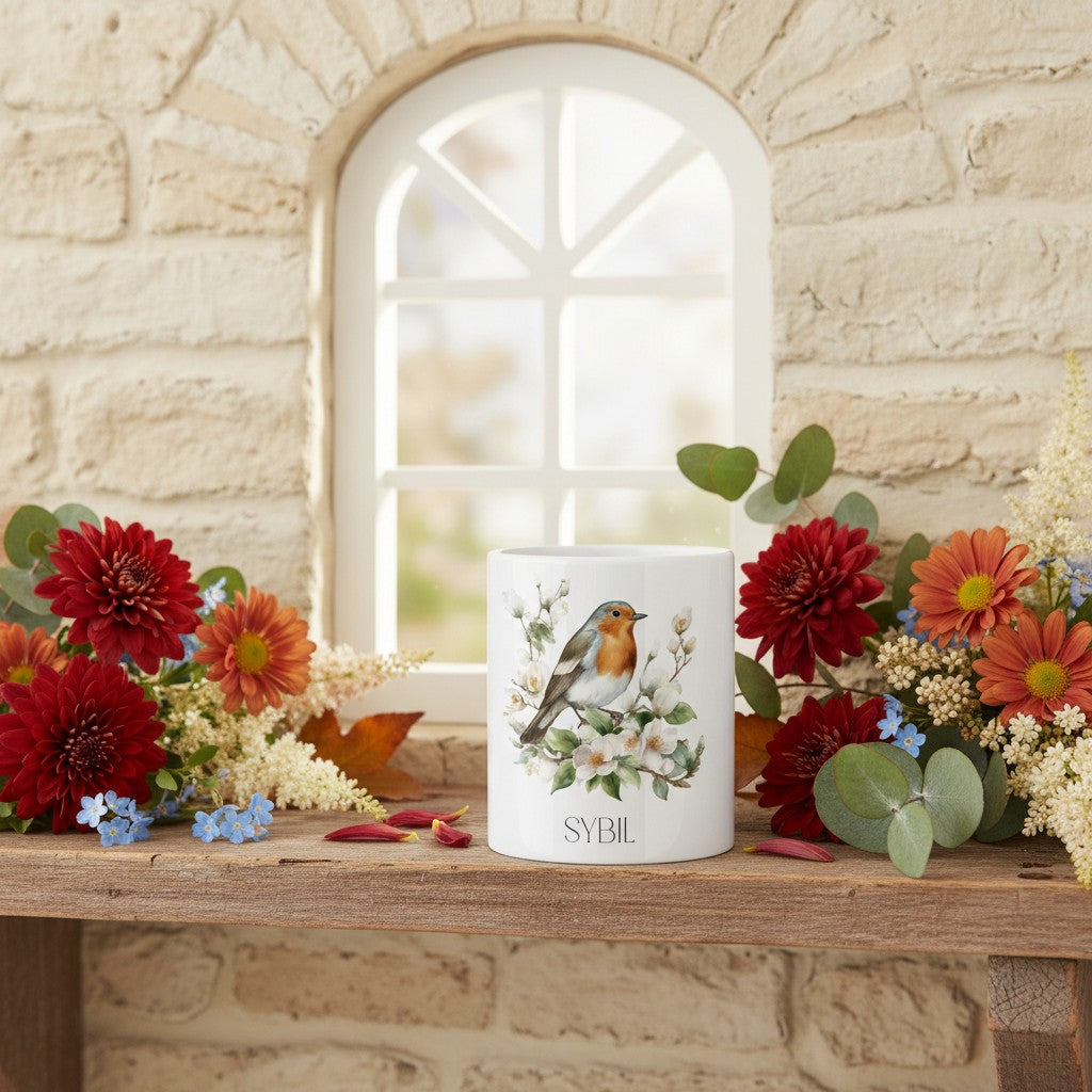 Mug with a robin design on a wooden surface with flowers and a window in the background