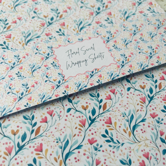 Floral patterned wrapping sheets with 'Floral Scroll Wrapping Sheets' text.