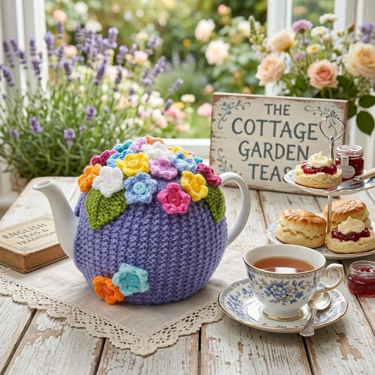 A crocheted lavender teapot cover decorated with colorful flowers and green leaves, shown on a rustic table beside a floral teacup and scones, with a sign reading 'The Cottage Garden Tea'.