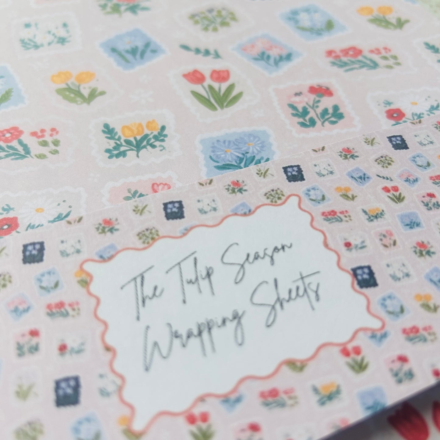 Floral patterned wrapping sheets with 'The Tulip Season Wrapping Sheets' text.