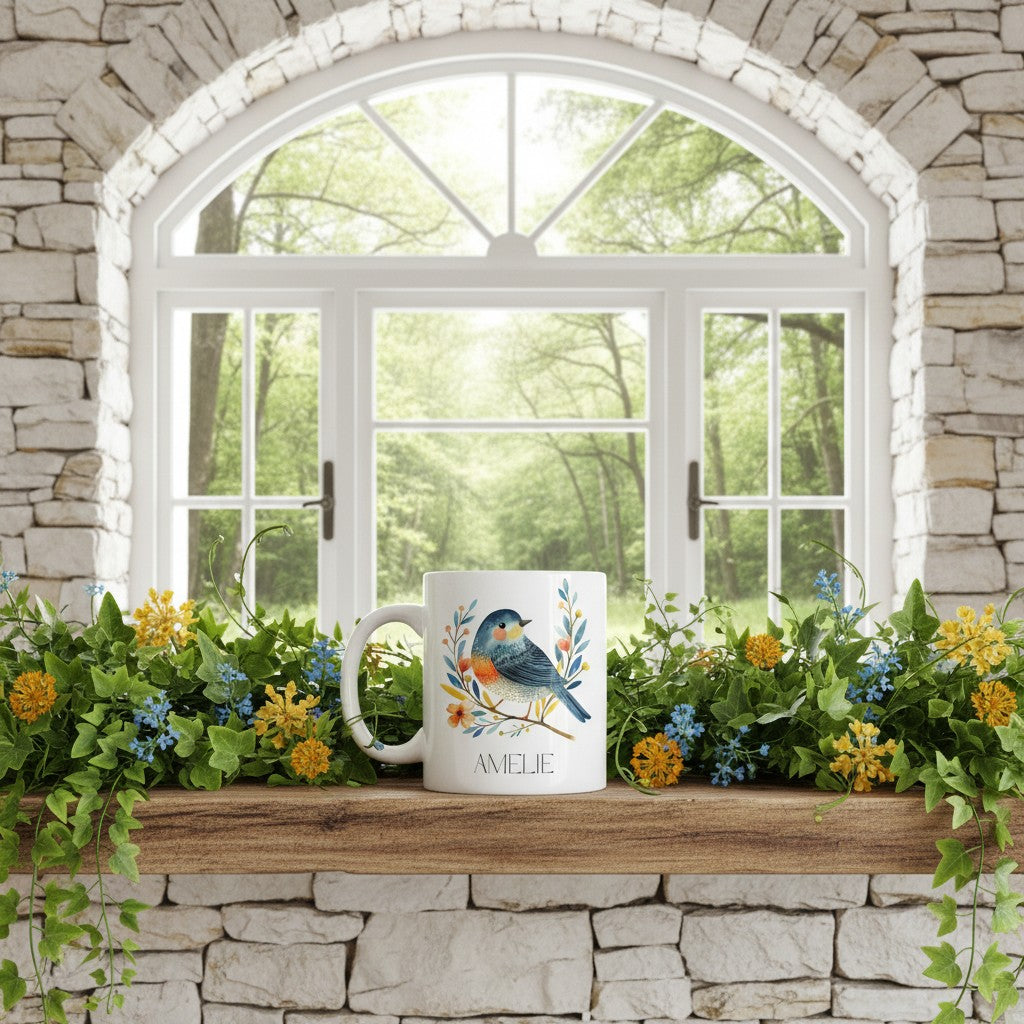 White mug with a bird design on a windowsill with greenery