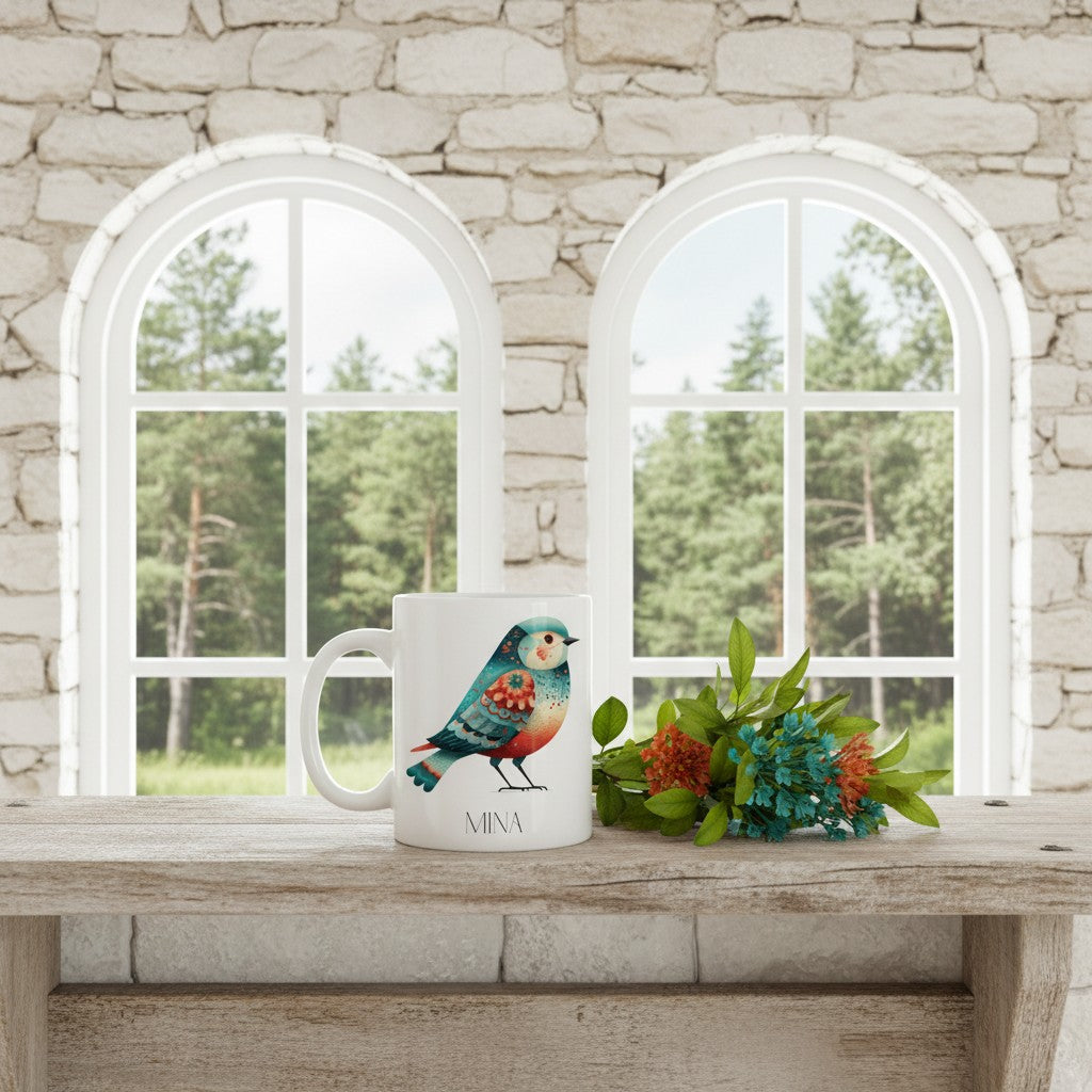 White mug with a colourful bird design on a wooden ledge in front of a stone wall and windows with a view of trees.